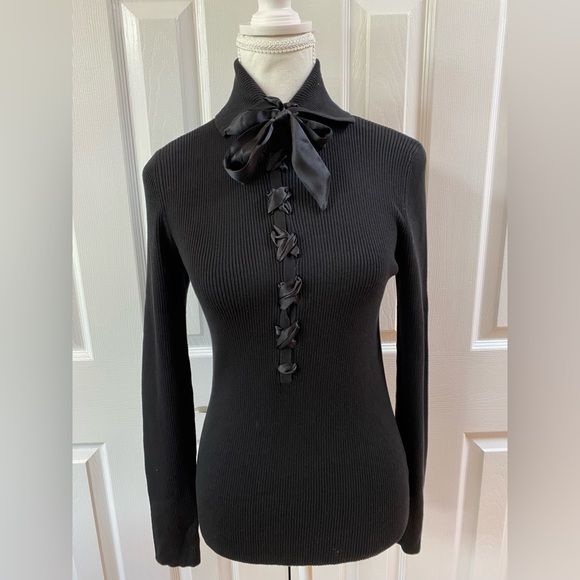 Cynthia Steffe Black Silk/Cotton Blend Ribbed Knit Collared Top with Tie Size L - Picture 1 of 9